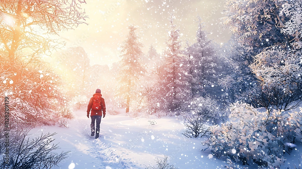 A solitary hiker in warm attire navigates a snowy trail lined with majestic frost-laden trees, as delicate snowflakes fall, crafting an idyllic winter scene perfect for exploration. A solitary hiker in warm attire navigates a snowy trail lined with majestic frost-laden trees, as delicate snowflakes fall, crafting an idyllic winter scene perfect for exploration.