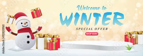 Winter sale 3d banner template with podium display in winter season background for promotion, web and poster, vector illustrator