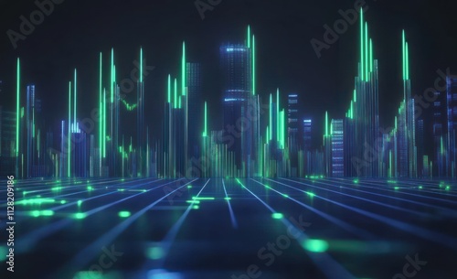 A futuristic cityscape with glowing digital elements and a grid-like ground.