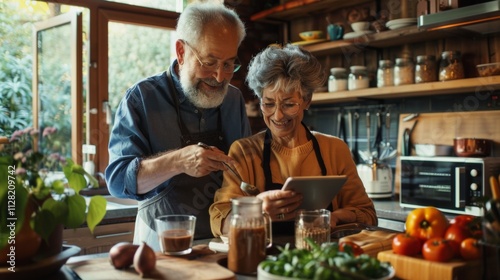 Wallpaper Mural Senior Couple Cooking Together in Rustic Kitchen Using Tablet Recipe App for a Delicious Meal Preparation Torontodigital.ca