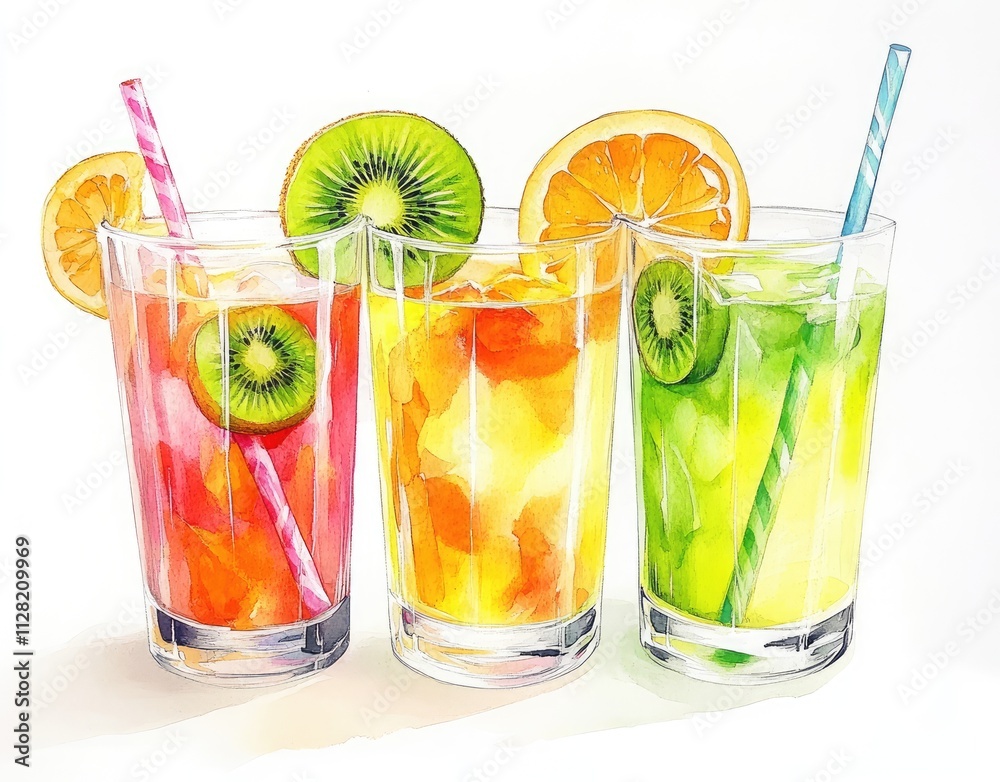 Three refreshing fruit drinks in glasses with straws and fruit slices as garnish. Three refreshing fruit drinks in glasses with straws and fruit slices as garnish.