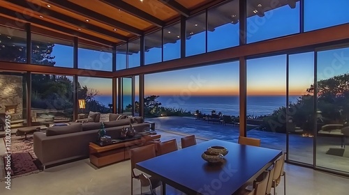 Modern home with ocean sunset view.