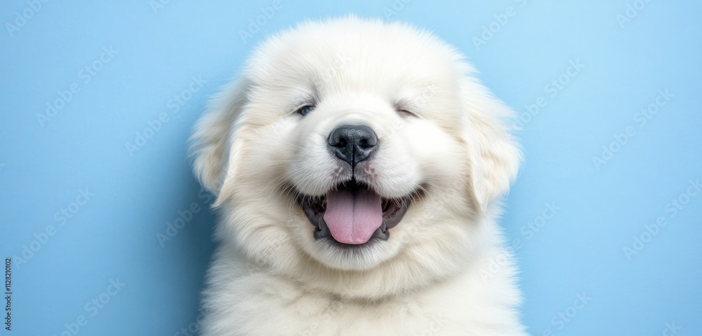 A cute puppy smiling against a light blue background. A cute puppy smiling against a light blue background.