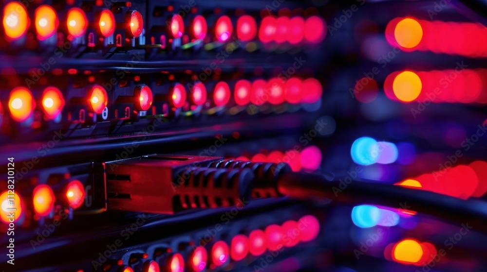Red network cable is being plugged into server rack with flashing red lights in a dark data center, creating a futuristic technological atmosphere Red network cable is being plugged into server rack with flashing red lights in a dark data center, creating a futuristic technological atmosphere