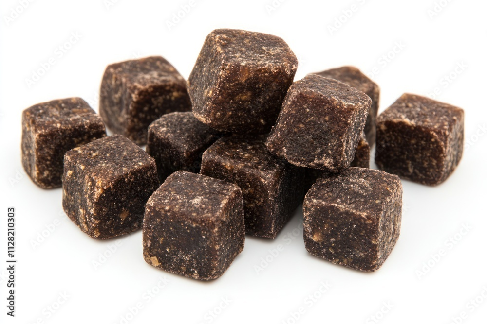 A pile of dark brown, cube-shaped sugar or candy pieces arranged neatly. A pile of dark brown, cube-shaped sugar or candy pieces arranged neatly.