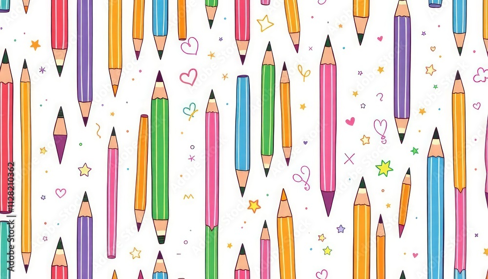 pattern of colored pencils arranged in various directions against a white background. The pencils come in a variety of colors, including red, orange, yellow, green, blue, and pink, creating a cheerful pattern of colored pencils arranged in various directions against a white background. The pencils come in a variety of colors, including red, orange, yellow, green, blue, and pink, creating a cheerful