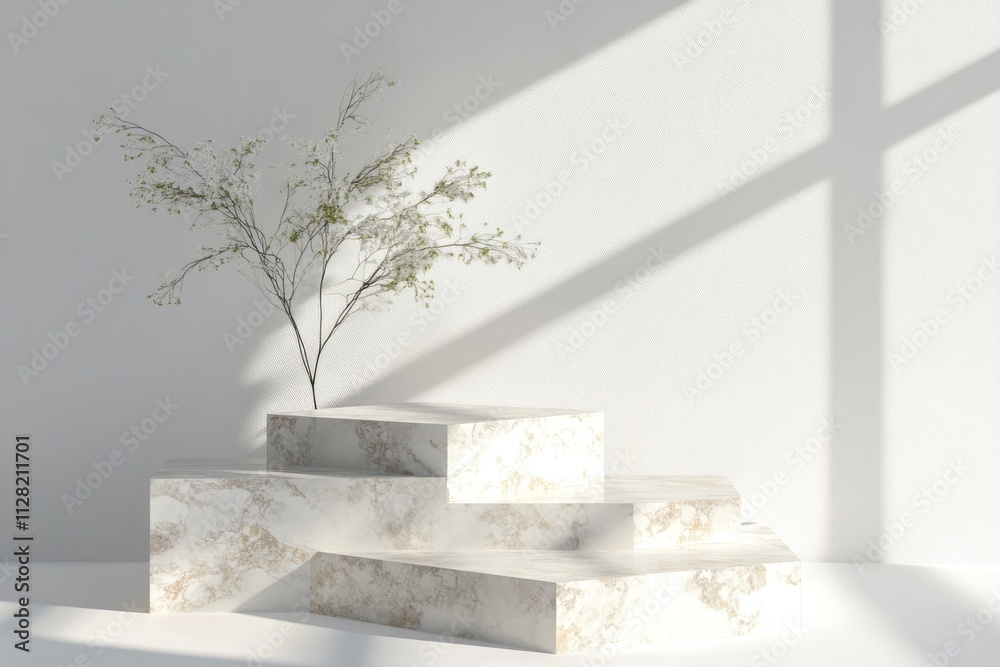 A minimalist display featuring textured platforms and a delicate branch, emphasizing simplicity. A minimalist display featuring textured platforms and a delicate branch, emphasizing simplicity.