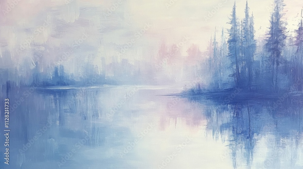 Serene Lake Landscape With Misty Blue Trees Serene Lake Landscape With Misty Blue Trees