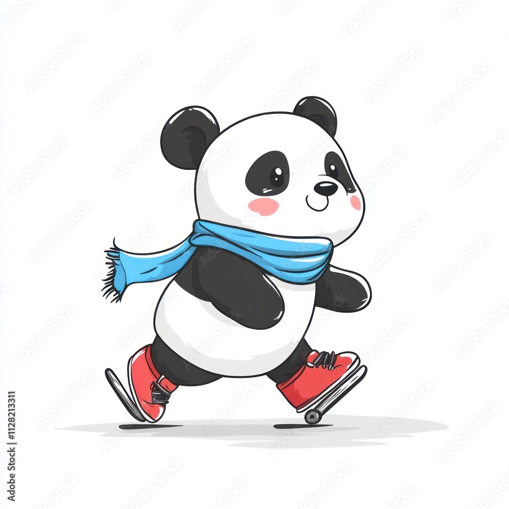 A cute panda skating on ice, wearing a blue scarf and red skates, conveying a playful vibe. A cute panda skating on ice, wearing a blue scarf and red skates, conveying a playful vibe.