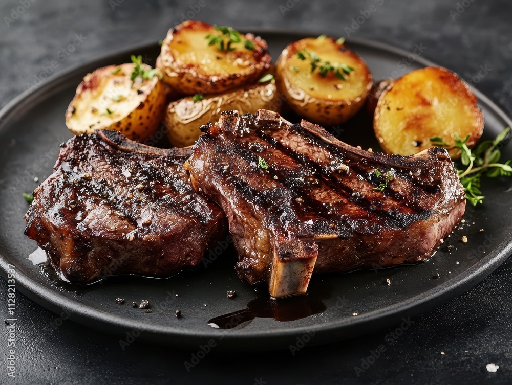 A delicious plate featuring grilled steaks and roasted potatoes garnished with herbs. A delicious plate featuring grilled steaks and roasted potatoes garnished with herbs.