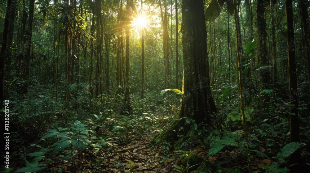 Fototapeta premium Sunlit Path Through Lush Green Rainforest Canopy