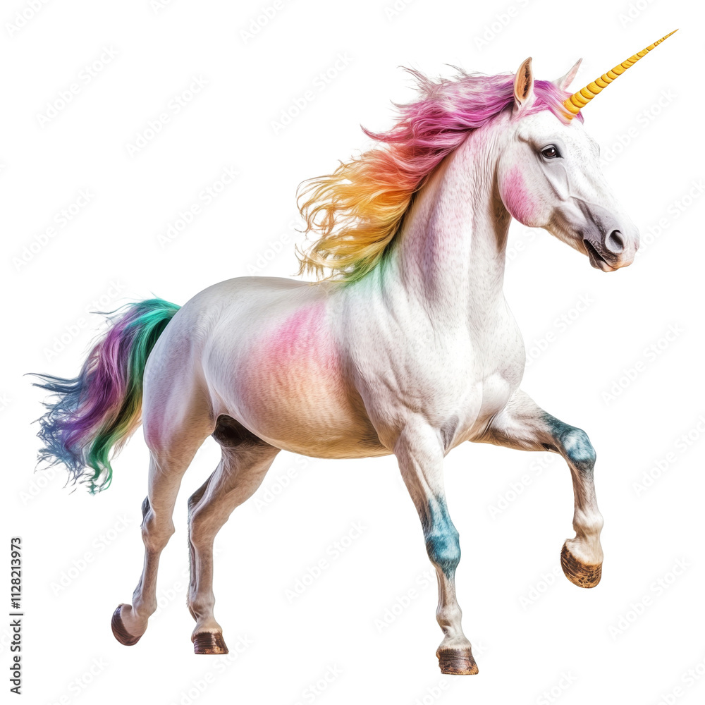 White unicorn with rainbow mane and gold horn isolated on white background White unicorn with rainbow mane and gold horn isolated on white background