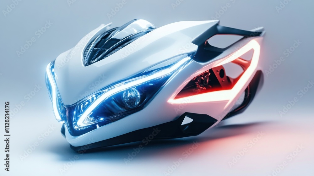 A futuristic helmet design featuring sleek lines and integrated LED lights. A futuristic helmet design featuring sleek lines and integrated LED lights.