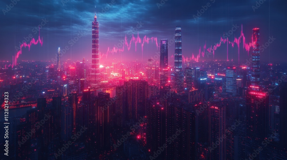 Night city skyline with overlayed stock market graph showing economic growth and decline. Night city skyline with overlayed stock market graph showing economic growth and decline.