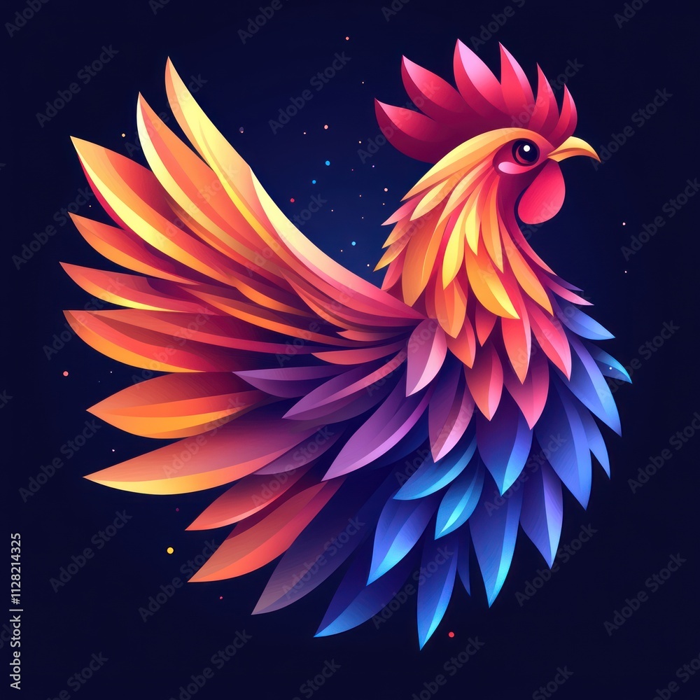 Obraz premium Colorful rooster with vibrant, geometric feathers.