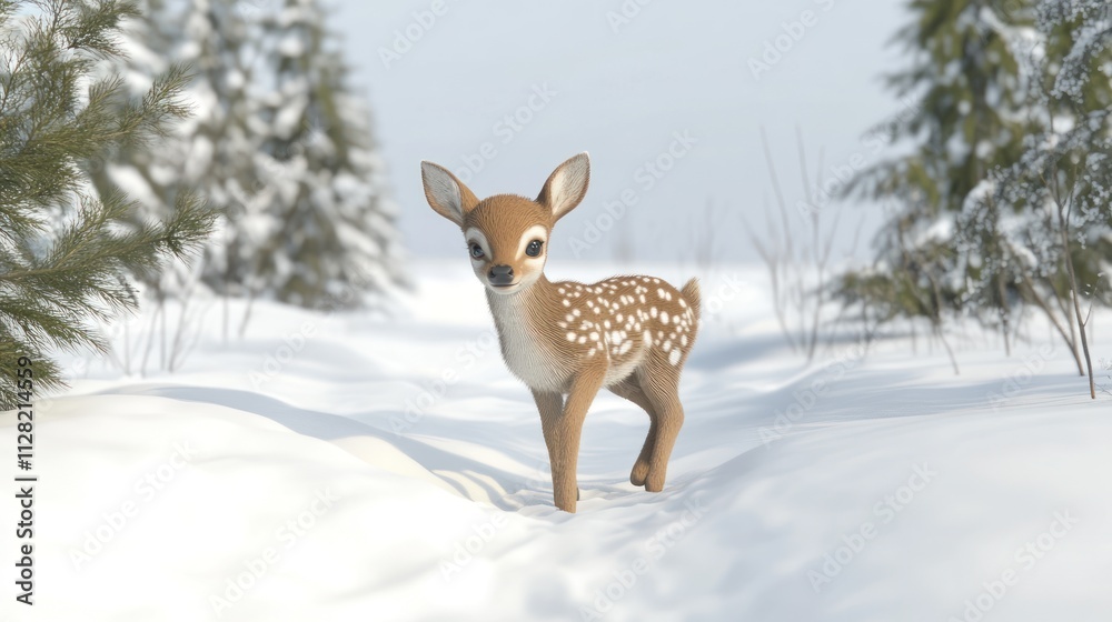 A cute fawn walking through a snowy forest path surrounded by evergreen trees. A cute fawn walking through a snowy forest path surrounded by evergreen trees.