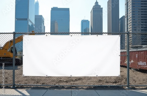 Mock up for construction business: blank white banner on a fence enclosing a construction site in the city center. In the background is a construction site, cranes, construction machines, an unfinishe photo