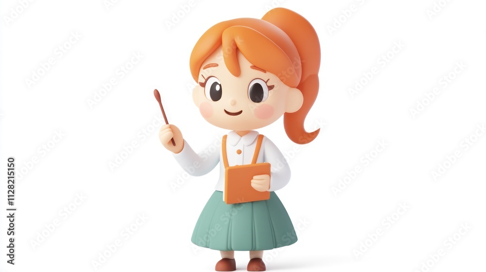 A cheerful cartoon girl with orange hair holding a pointer and a notebook, ready to teach. A cheerful cartoon girl with orange hair holding a pointer and a notebook, ready to teach.