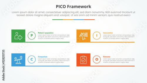 PICO framework infographic concept for slide presentation with creative square box and line bottom with 4 point list with flat style