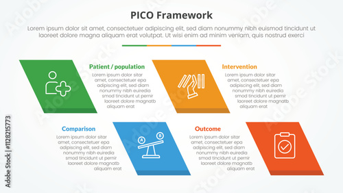 PICO framework infographic concept for slide presentation with skew rectangle with 4 point list with flat style