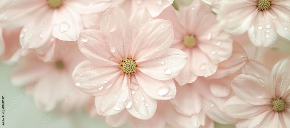 A close-up of delicate pink flowers adorned with water droplets. A close-up of delicate pink flowers adorned with water droplets.
