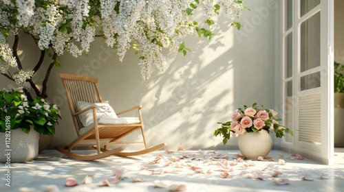 The quiet villa courtyard has a snow-white wisteria in full bloom. The delicate white flowers create a beautiful scene. A rocking chair is placed under the tree, with a coffee table.