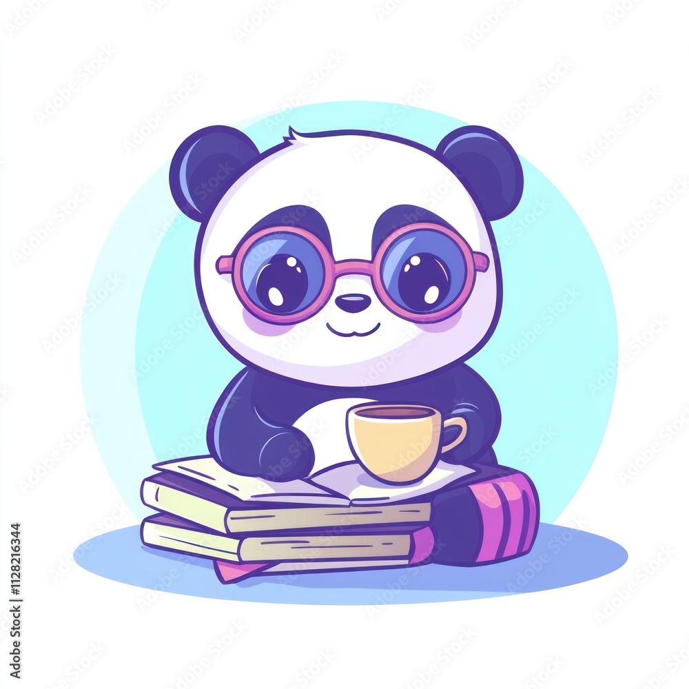 A cute panda wearing glasses, sitting with a cup and books, exuding a cozy, studious vibe. A cute panda wearing glasses, sitting with a cup and books, exuding a cozy, studious vibe.