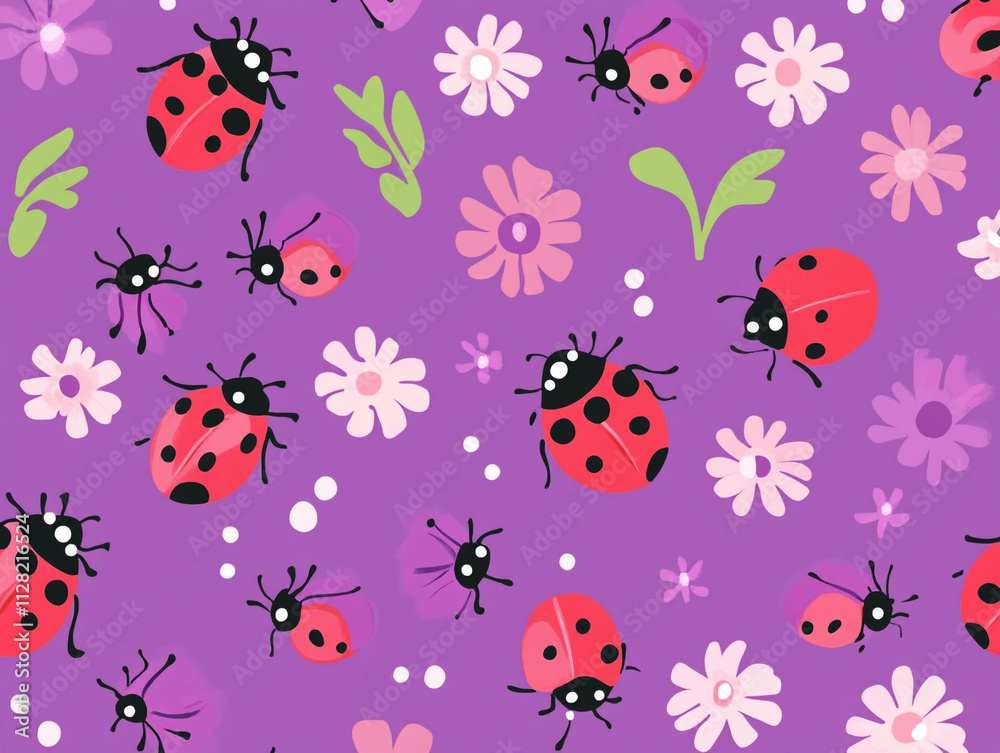 A purple background with a bunch of red ladybugs and flowers. A purple background with a bunch of red ladybugs and flowers.