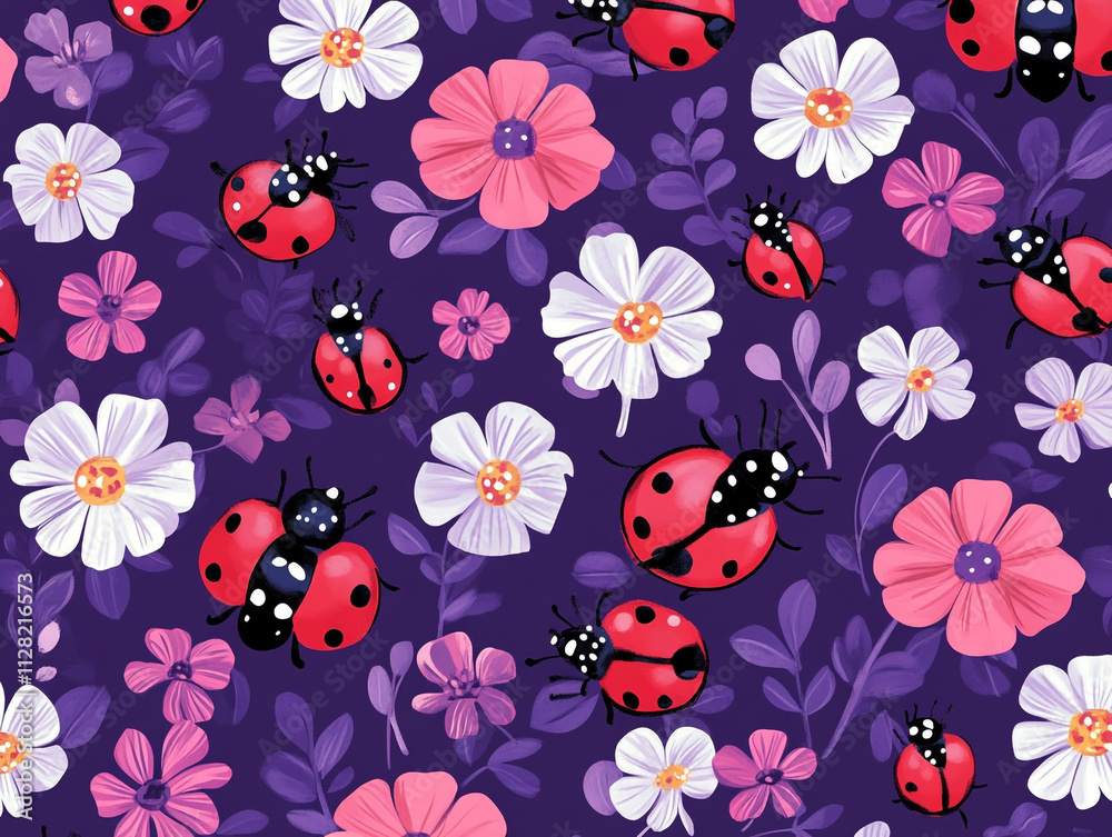 A purple background with a bunch of red ladybugs and flowers. A purple background with a bunch of red ladybugs and flowers.