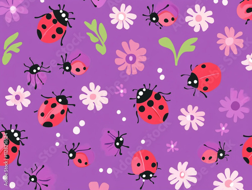 A purple background with a bunch of red ladybugs and flowers.