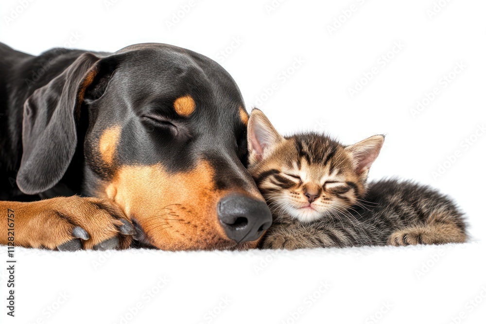 A dog and a kitten sleeping peacefully together on a soft surface.