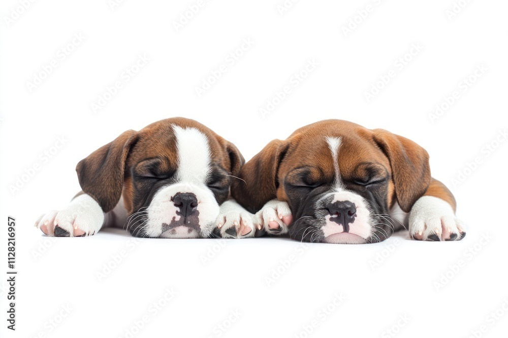 Two sleeping puppies resting side by side on a white background. Two sleeping puppies resting side by side on a white background.