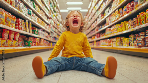 A frustrated child sitting on the floor of a grocery store aisle, crying loudly and throwing a tantrum, surrounded by colorful shelves of snacks and cereal boxes