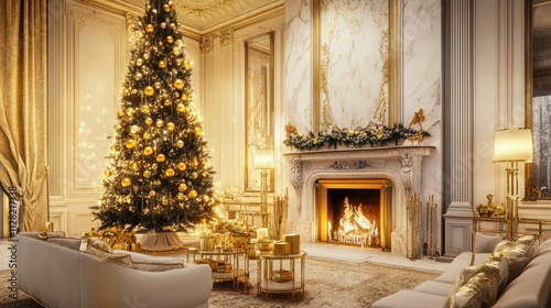 Luxurious Christmas living room, opulent gold and white decor, marble fireplace, tall Christmas tree with golden ornaments, soft warm lighting"