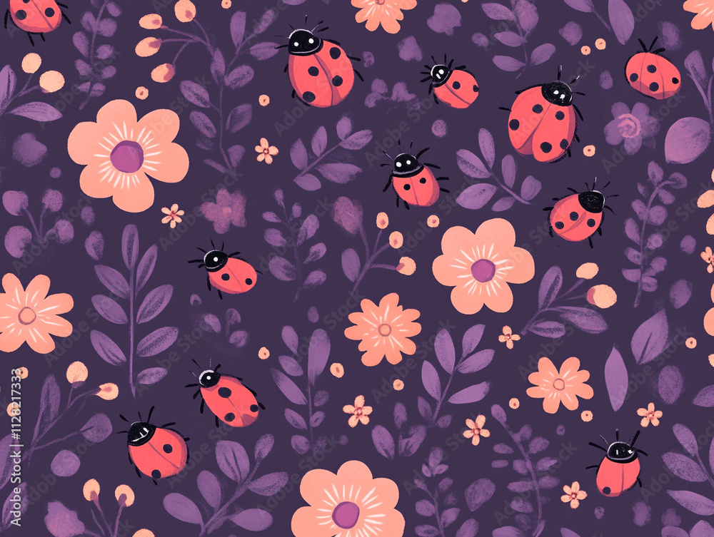 A purple background with a bunch of red ladybugs and flowers. A purple background with a bunch of red ladybugs and flowers.