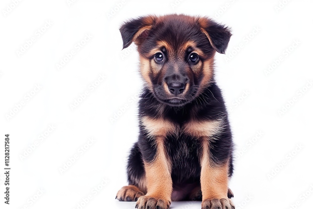 A cute puppy sitting against a white background, showcasing its playful expression. A cute puppy sitting against a white background, showcasing its playful expression.