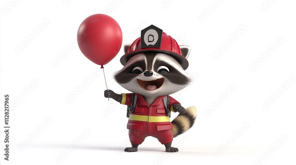 A cheerful raccoon in firefighter gear holds a red balloon, promoting safety and fun. A cheerful raccoon in firefighter gear holds a red balloon, promoting safety and fun.