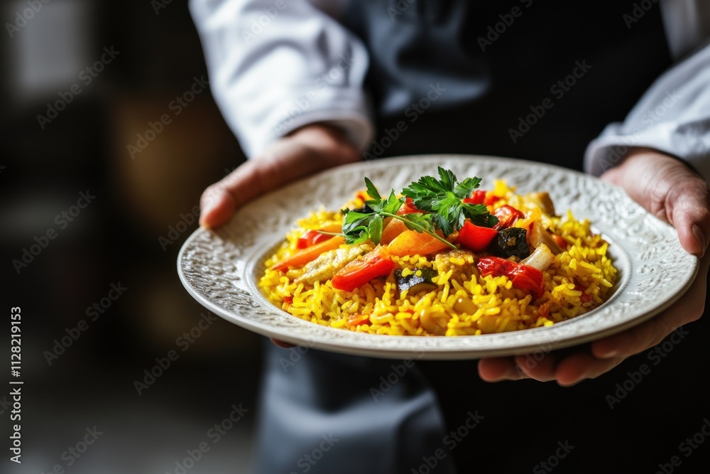 A chef presenting a vibrant plate of yellow rice topped with colorful vegetables and herbs. A chef presenting a vibrant plate of yellow rice topped with colorful vegetables and herbs.