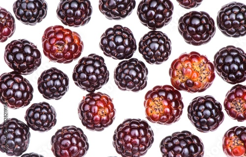 A close-up view of various blackberries on a white background.