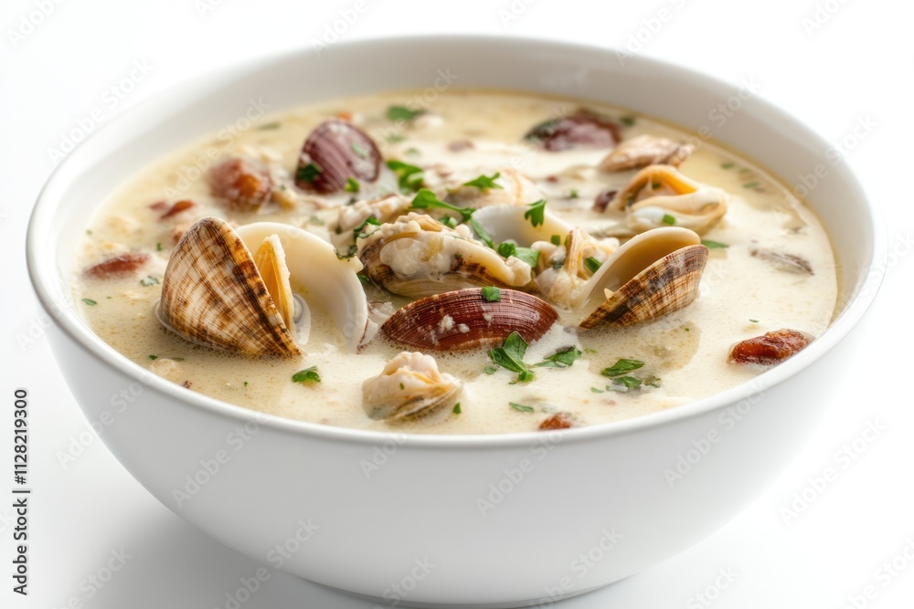 A bowl of clam chowder featuring clams, herbs, and a creamy broth. A bowl of clam chowder featuring clams, herbs, and a creamy broth.