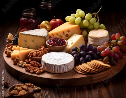 Variety of gourmet cheeses arranged with fruits, nuts, and crackers on a wooden serving board