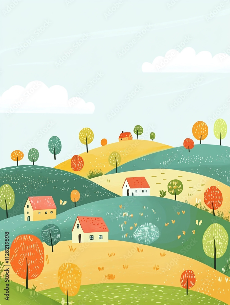 A colorful drawing of a hillside with houses and trees. The houses are painted in different colors and are spread out across the hill. A colorful drawing of a hillside with houses and trees. The houses are painted in different colors and are spread out across the hill.