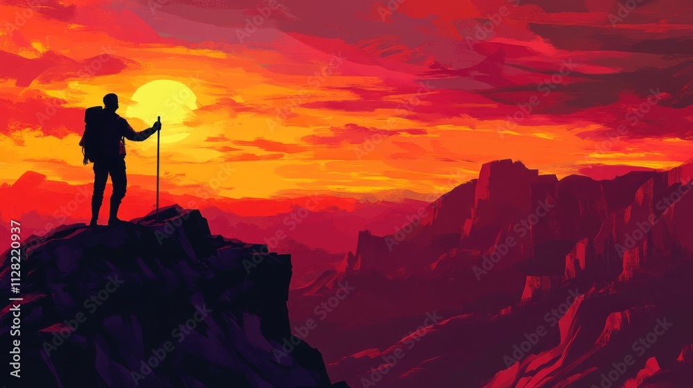 A silhouetted hiker stands on a peak, gazing at a vibrant sunset over a mountainous landscape.