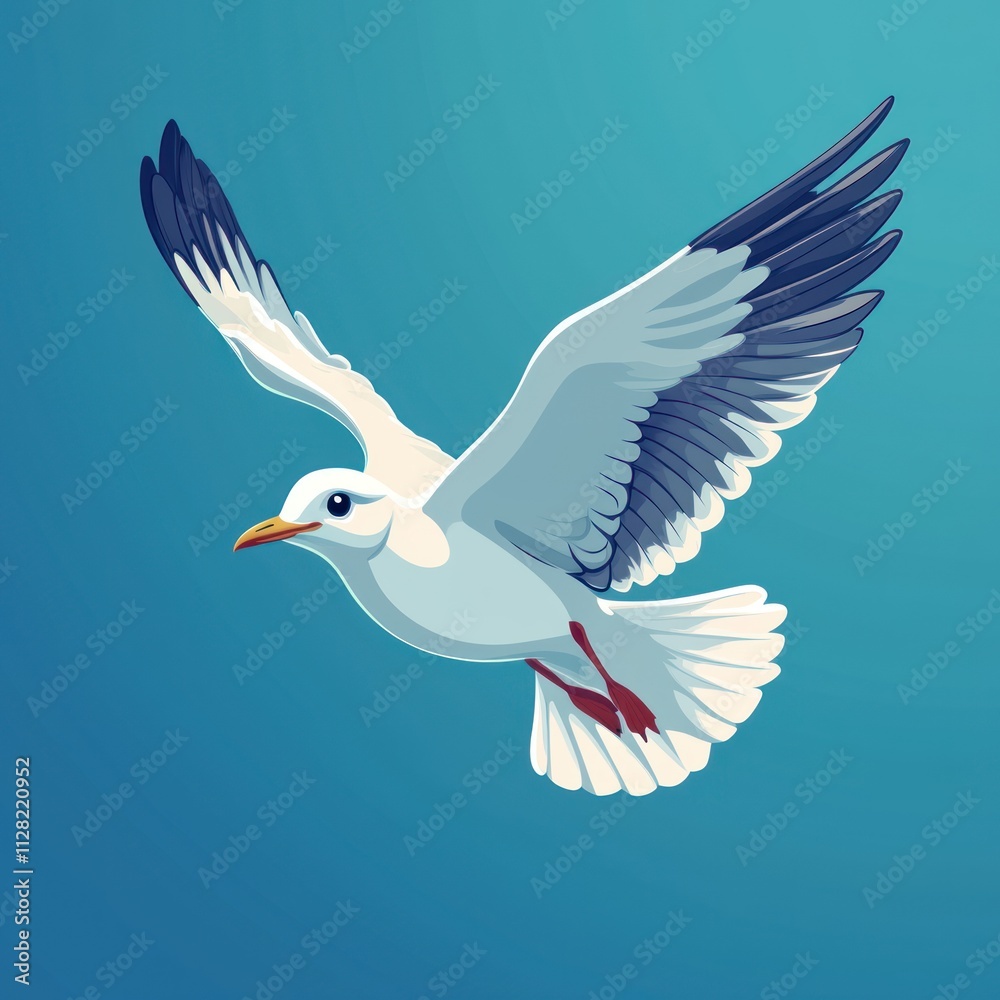 Obraz premium A white seagull in flight against a blue sky.
