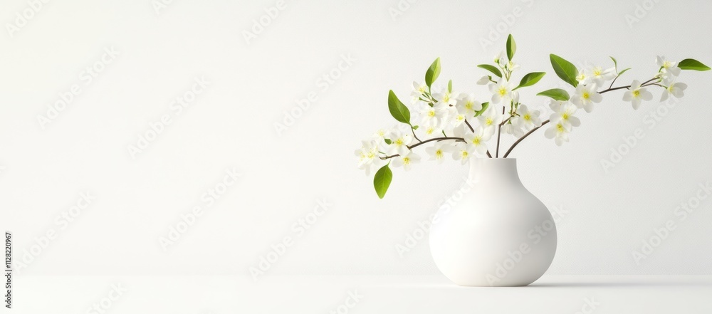 A minimalist white vase with delicate white flowers and green leaves against a plain background. A minimalist white vase with delicate white flowers and green leaves against a plain background.