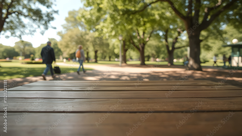An empty wooden table in the foreground, blurred sunny park scene with people walking in the distance, vivid 8K realism An empty wooden table in the foreground, blurred sunny park scene with people walking in the distance, vivid 8K realism