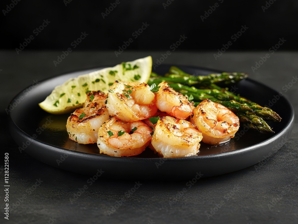 Grilled shrimp with asparagus and lemon on a black plate. Grilled shrimp with asparagus and lemon on a black plate.