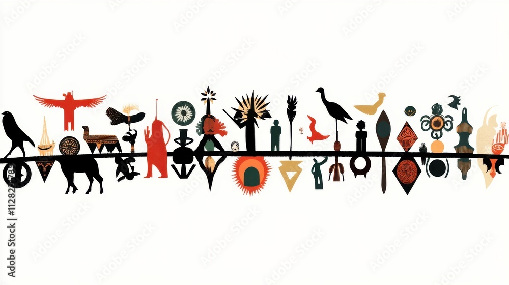 A row of different cultural symbols forming a bridge, highlighting the diversity and connectivity of global traditions, minimalistic style A row of different cultural symbols forming a bridge, highlighting the diversity and connectivity of global traditions, minimalistic style