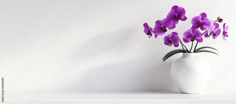 A white vase holding vibrant purple orchids against a minimalist background. A white vase holding vibrant purple orchids against a minimalist background.
