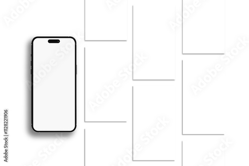 Smartphone mockup with social media stories interface mockup. Social media mobile app page template design for user carousel stories feed. App interface frame template presentation on social network